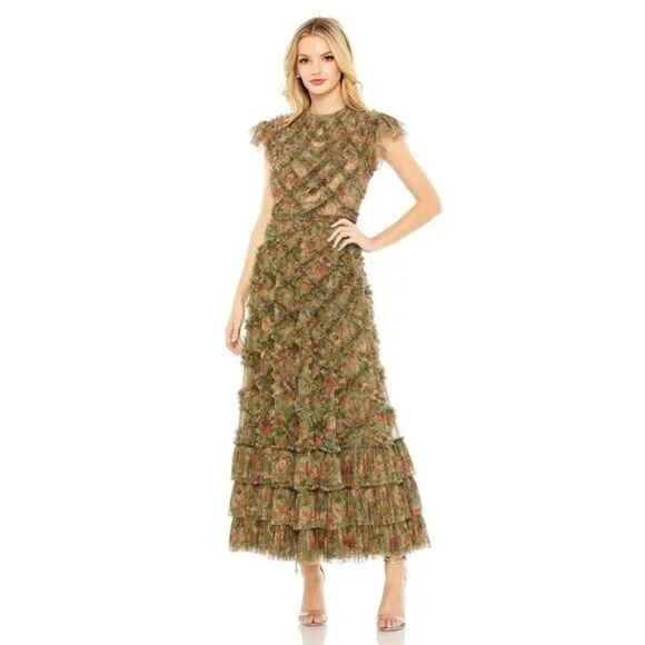 Mac Duggal 8009 Womens Size 16 Green High Neck‎ Ruffle Cap Sleeve Floral Dress - Picture 2 of 5